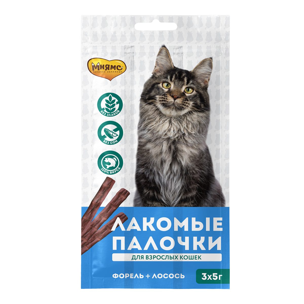 Лакомство Мнямс 13,5см 3*5гр для кошек лакомые палочки с лососем и форелью 